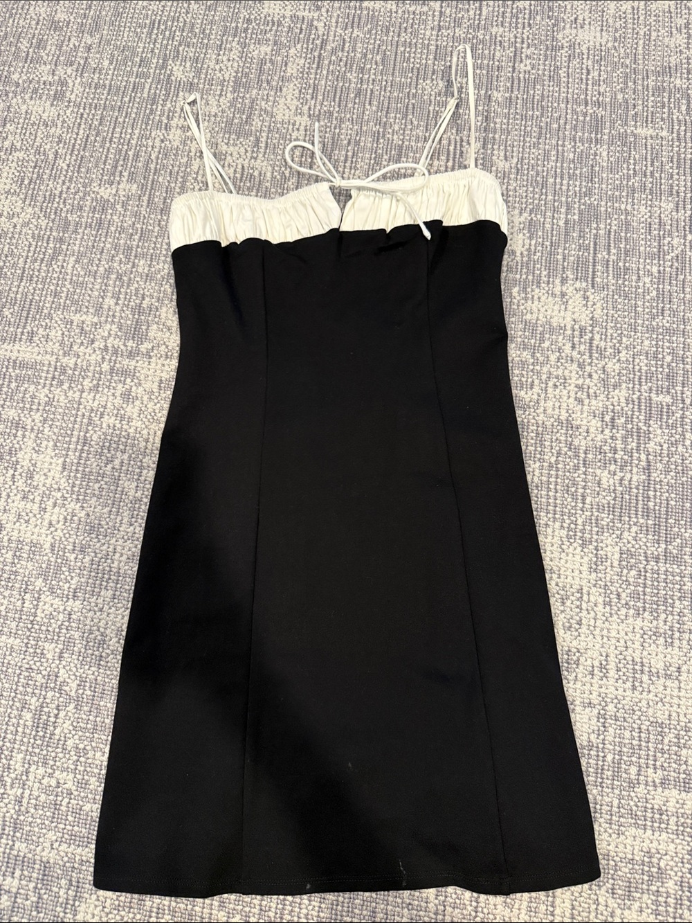 Reformation Black Dress with White Ruched Bodice and Spaghetti Straps